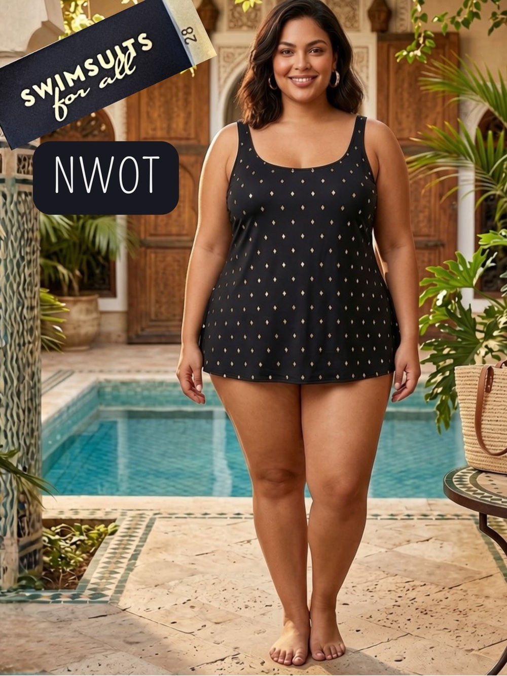 NWOT SWIMSUITS FOR ALL Women's Size 28 Black Gold Diamond Swimdress Swimsuit